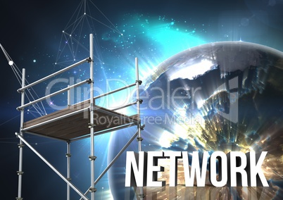 Network Text with 3D Scaffolding and planet earth interface