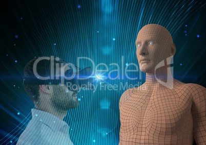 Digital composite image of man looking at 3d human figure through VR glasses