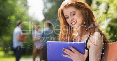 Digital composite image of various math equations with female college student using digital tablet