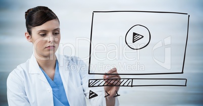 Doctor with marker and website mock up against blurry grey wood panel