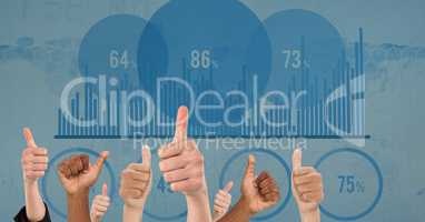 Hands showing thumbs up with graph and numbers in background