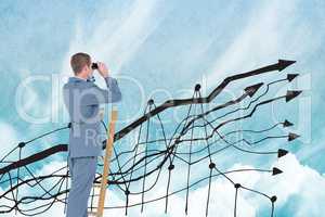Digital composite image of businessman using binoculars on ladder with graph in sky