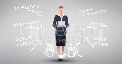 Digital composite image of businesswoman with tablet computer amidst various text and arrow symbols