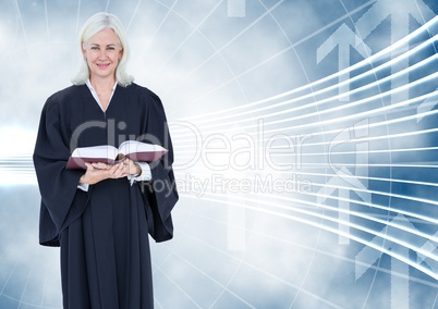 Judge holding book in front of curved background with arrows