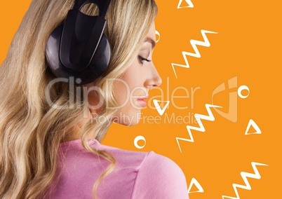 Woman in headphones against orange background with white patterns
