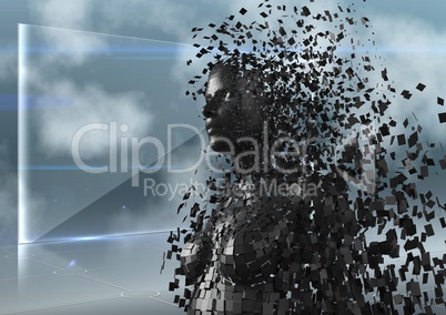 3D black female AI against glass screen and clouds