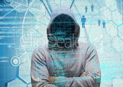 Grey jumper hacker with his hands folded. light blue, binary code