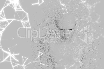 3D male shaped binary code against grey background and white network