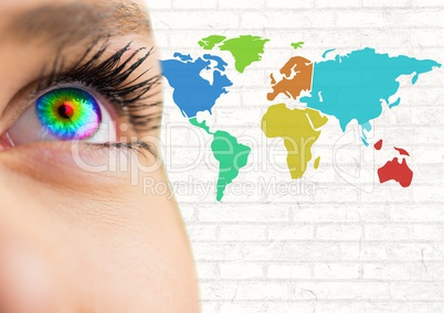 Multicolored eye next to Colorful Map with wall background