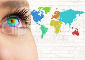 Multicolored eye next to Colorful Map with wall background