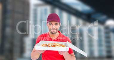 Delivery man holding pizza box