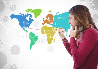 Man drawing on Colorful Map with connected background