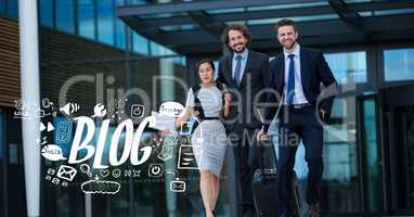 Digital composite image of business people walking by icons