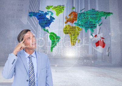 Businessman thinking with Colorful Map with city background