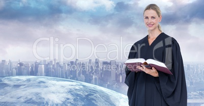 Digital composite image of judge holding book with city in background