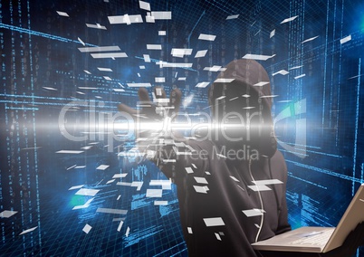 Black jumper hacker with out face sit with the computer binary code blue background