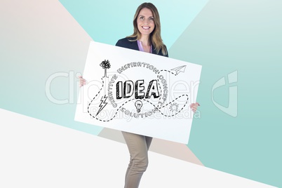 Businesswoman holding bill board with idea graphics on it