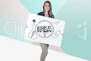 Businesswoman holding bill board with idea graphics on it