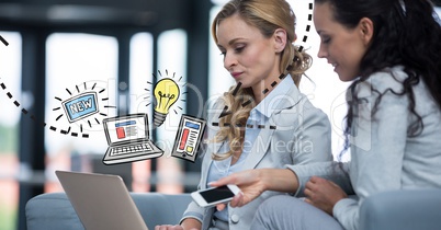 Digital composite image of businesswomen with technologies and graphics