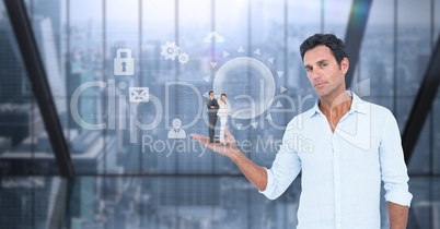 Digital composite image of businessman holding colleagues in palm