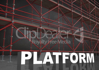 3D word platform in front of scaffolding in grey room
