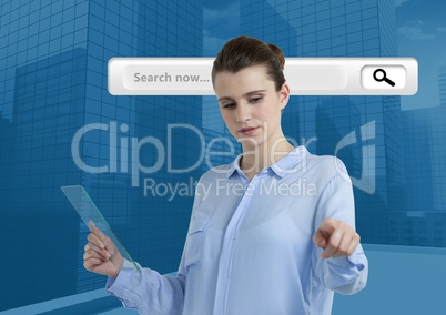 Woman touching air with glass tablet and Search Bar with blue city buildings background