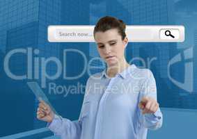 Woman touching air with glass tablet and Search Bar with blue city buildings background