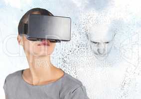 Woman in VR against 3D male shaped binary code against sky and clouds