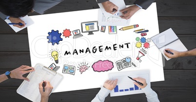 Cropped image of business people working with management text surrounded by graphics