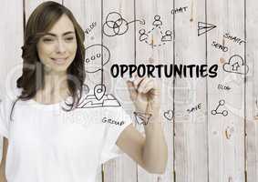 Opportunities graphic. Woman writing it. Wood background