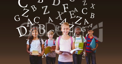 Digital composite image of school children with books against flying letters