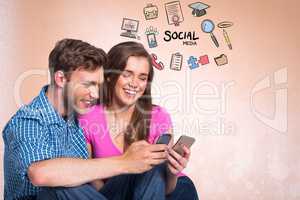 Digital composite image of happy couple using social media