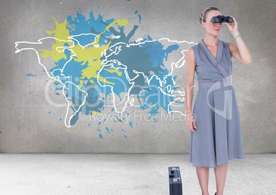 Businesswoman looking through binoculars with Colorful Map with paint splattered wall background