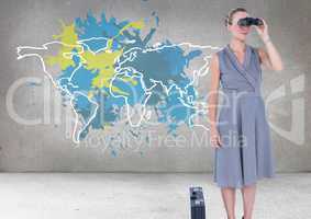 Businesswoman looking through binoculars with Colorful Map with paint splattered wall background