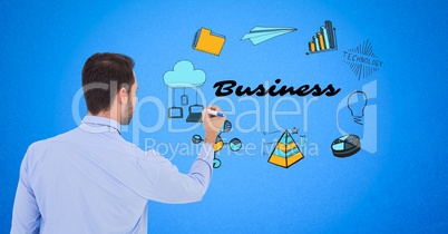 Businessman drawing graphics with business text on screen