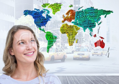 Woman smiling with Colorful Map with city background