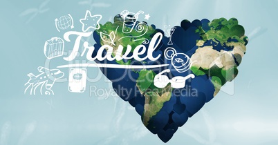 3d world in heart shape with travel text in foreground