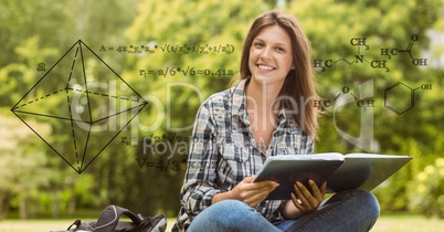 Digital composite image of math equation with smiling female college student in background