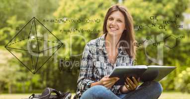 Digital composite image of math equation with smiling female college student in background