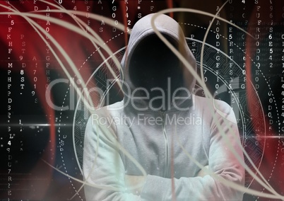 Grey jumper hacker with his hands folded. red lights and binary code