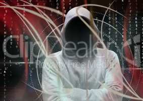 Grey jumper hacker with his hands folded. red lights and binary code