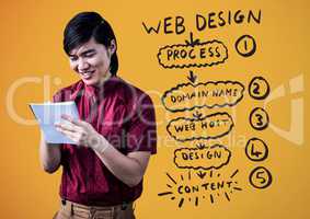 Man with notepad against website mock up and yellow background