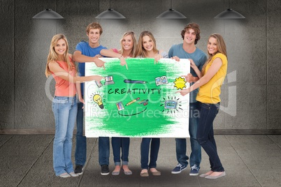 Portrait of friends gesturing on billboard with creativity test and various icons against wall