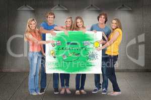 Portrait of friends gesturing on billboard with creativity test and various icons against wall