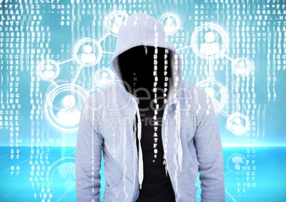 Grey jumper hacker. connect, binary code