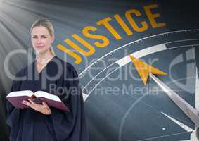 Judge holding book in front of justice text and compass
