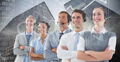 Composite image of people in a call center