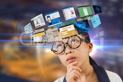 Composite image of woman and 3d websites