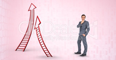 Digital composite image of businessman by arrow shaped ladders