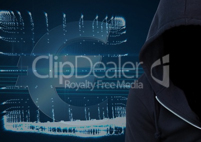 Dark blue jumper hacker with out face. Foreground. Computer and â?¬ background
